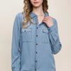 Love Tree Scooped Hem Button Up Denim Shirt - Blue