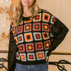 BiBi Granny Square Front Long Sleeve Top - Black Multi