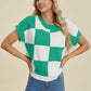 Double Take Full Size Checkered Round Neck Short Sleeve Sweater - Farnelli