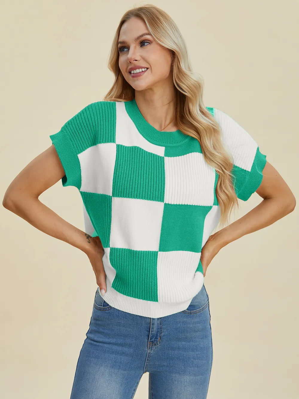 Double Take Full Size Checkered Round Neck Short Sleeve Sweater - Farnelli