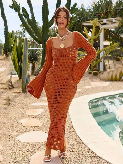 Openwork Square Neck Flare Sleeve Cover-Up Dress - Farnelli