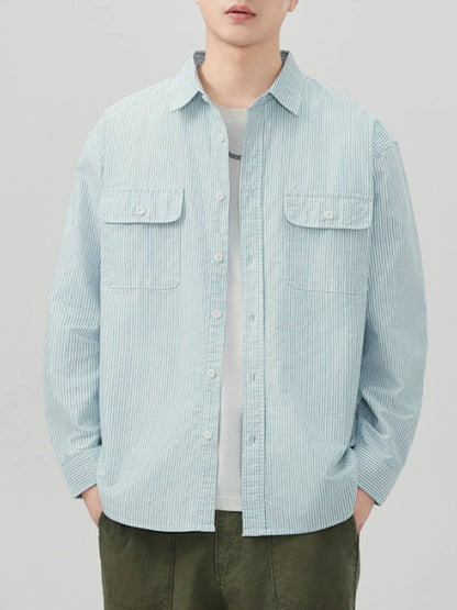 Men's Plus Size Striped Button Up Long Sleeve Shirt - Farnelli