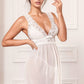 Deep V mesh babydoll lingerie with lace details, featuring a sheer, flowing design perfect for intimate wear.