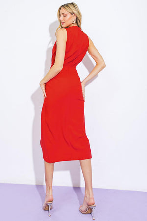 Red woven midi dress by Flying Tomato from Vineyard Days collection, featuring a stylish, flowing design and midi length.