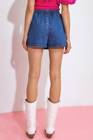 Flying Tomato Moments in Love denim skort, casual shorts with distressed denim, front pockets, and a relaxed fit.