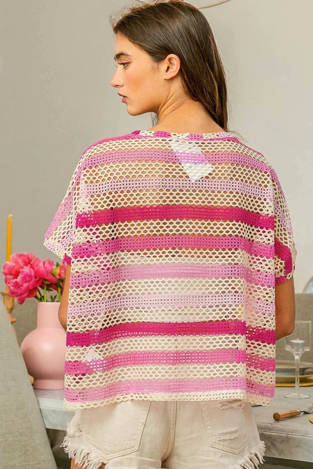 BiBi Striped Openwork Short Sleeve Knit Cover Up - Farnelli