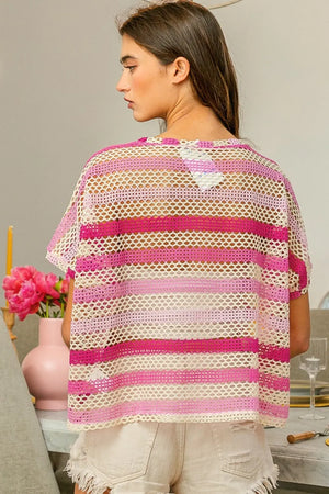 BiBi Striped Openwork Short Sleeve Knit Cover Up - Farnelli
