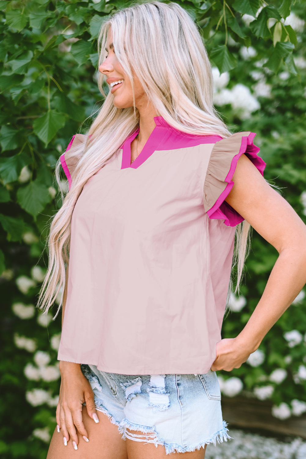 Maci Ruffled Sleeve Frill V Neck Blouse - Farnelli