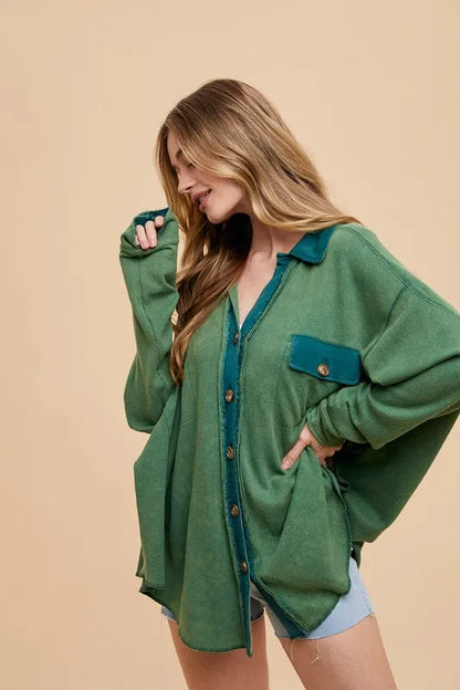 Annie Wear Waffle-Knit Mineral Washed Button Down Shirt - Farnelli