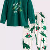 Children's Dinosaur Print Round Neck Pajama Set - Dark Green