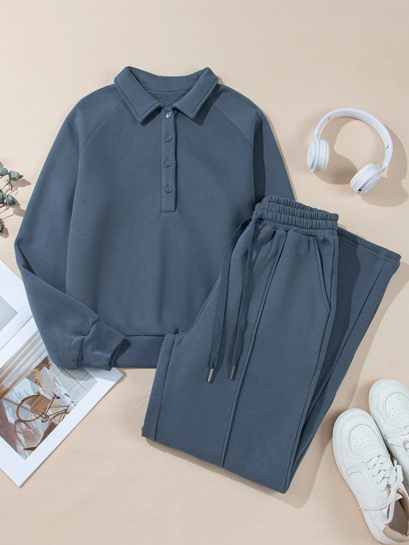 Collared Sweatshirt and High Waist Pants Active Set - Farnelli