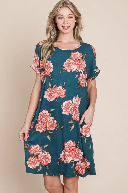 BOMBOM Floral Round Neck Short Tee Dress with Pockets - Farnelli