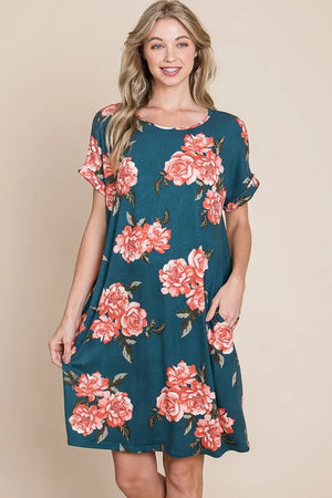 BOMBOM Floral Round Neck Short Tee Dress with Pockets - Farnelli