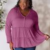 Double Take Half Button Long Sleeve Ruffle Hem Blouse - Lilac