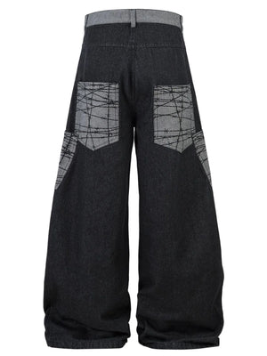 Men's Wide Leg Cargo Jeans with Contrast Panels - Farnelli