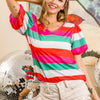 BiBi Multi Stripe Color Print Puff Sleeves V Neck Top - RED/FUCHSIA/GREEN