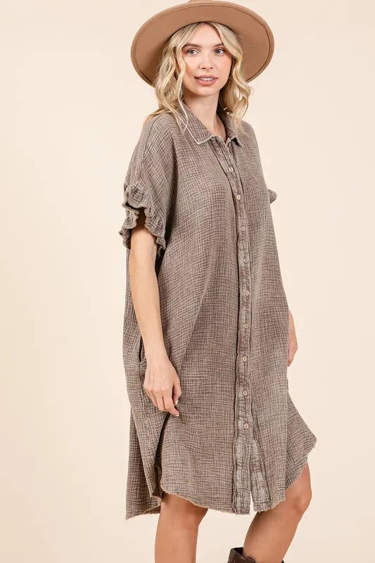 Mittoshop Mineral Wash Cotton Gauze Mini Shirt Dress - Farnelli