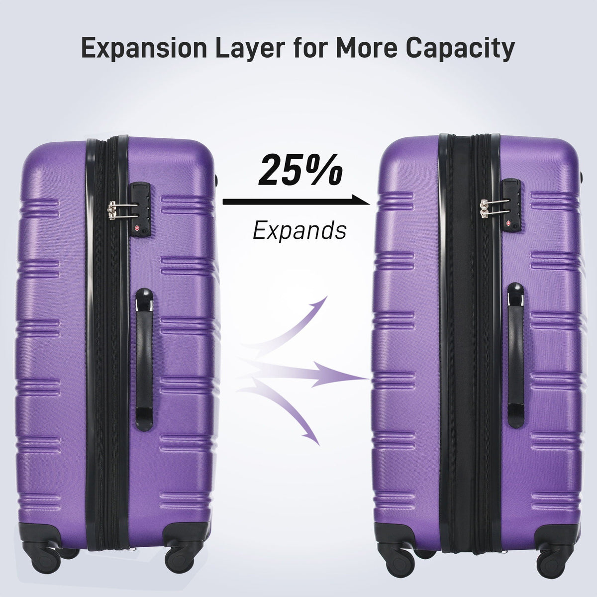 HouseOfZazla 3-piece hardside spinner luggage set in blue, purple, pink, and beige with TSA locks