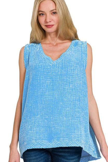 Zenana Double Gauze Raw Edge Acid Washed Tank - Farnelli