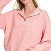 Zenana F/terry Pigment Dye & Enzyme Washing Half Zip Top - DK PINK