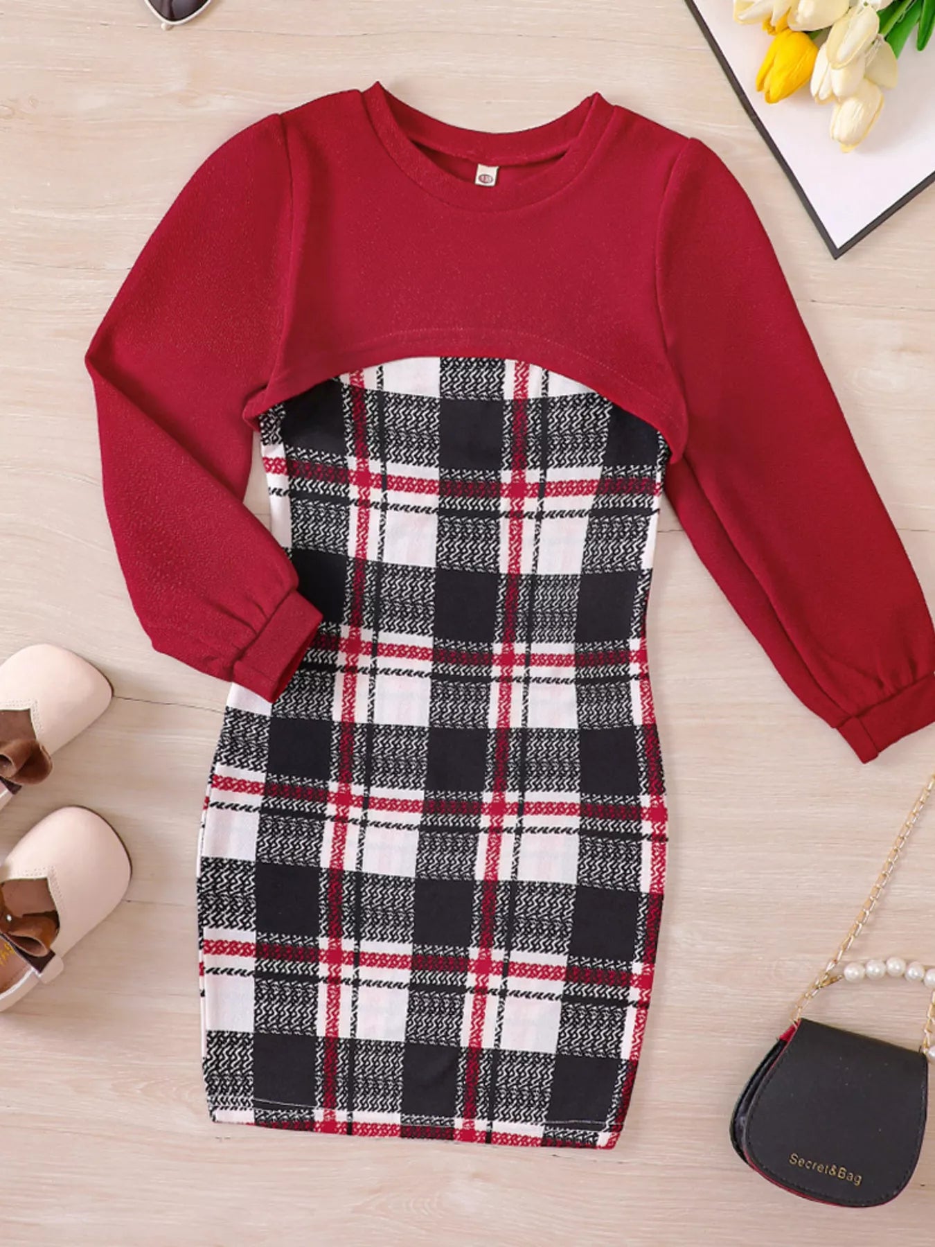 Children's Plaid Print Long Sleeve Dress Set - Farnelli