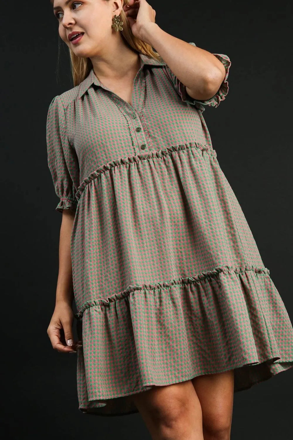 Umgee Full Size Plaid Frill Button Detail Ruffled Short Sleeve Dress Plus Size - Farnelli