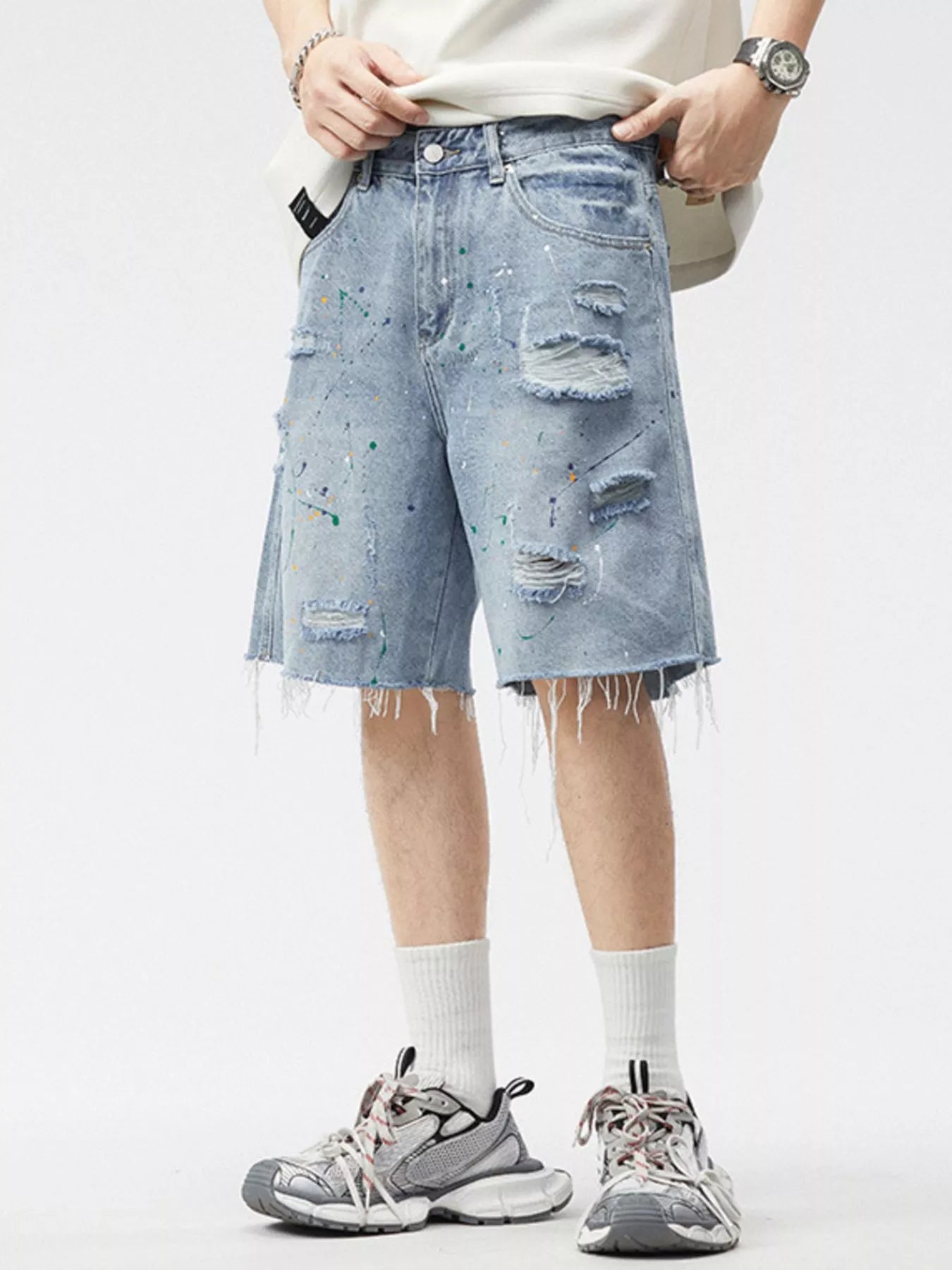 Men's Distressed Paint Splatter Denim Shorts - Farnelli