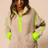 BiBi Contrast Edge Half Zip Up Sherpa Jacket - OATMEAL/NEON GREEN