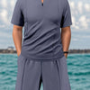 Men's Full Size Zip Front Short Sleeve Top and Shorts Set Plus Size - Grey
