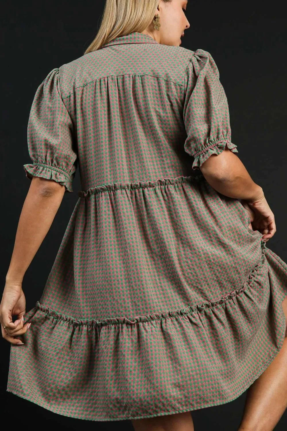 Umgee Full Size Plaid Frill Button Detail Ruffled Short Sleeve Dress Plus Size - Farnelli