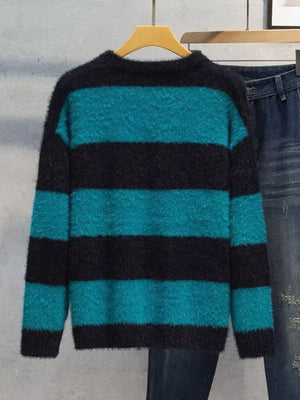 Men's Plus Size Striped Fuzzy Knit Pullover Sweater - Farnelli