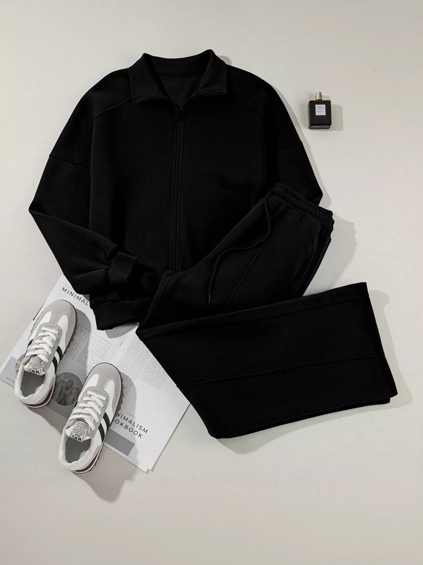 Drop Shoulder Zip Up Jacket and Drawstring Pants Active 2pcs Set - Farnelli