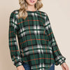BOMBOM Curved Hem Plaid Round Neck Long Sleeve Top - Green