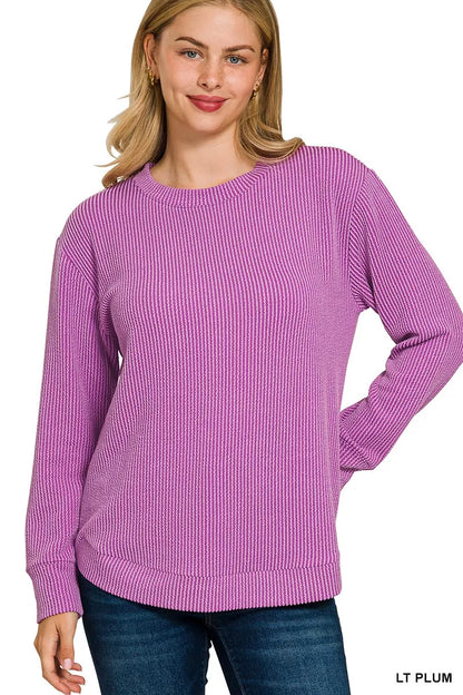 Zenana Full Size Raised Rib Round Neck Long Sleeve Top Plus Size - Farnelli