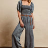 BiBi Smocked Washed Puff Sleeve Square Neck Denim Jumpsuit - Medium