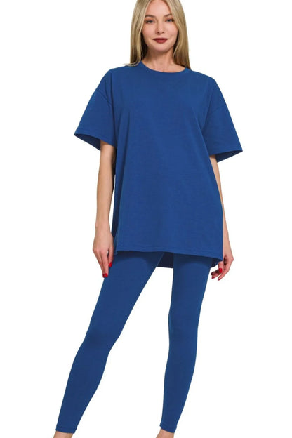 Zenana Cotton Round Neck Top & Legging Set - Farnelli