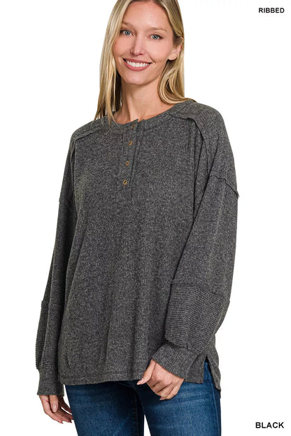 Zenana Full Size Ribbed Brushed Hacci Melange Henley Sweater Plus Size - Farnelli