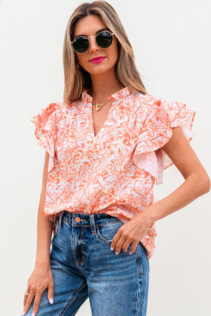 Nancy Floral Ruffle Sleeve Split Neck Blouse - Farnelli