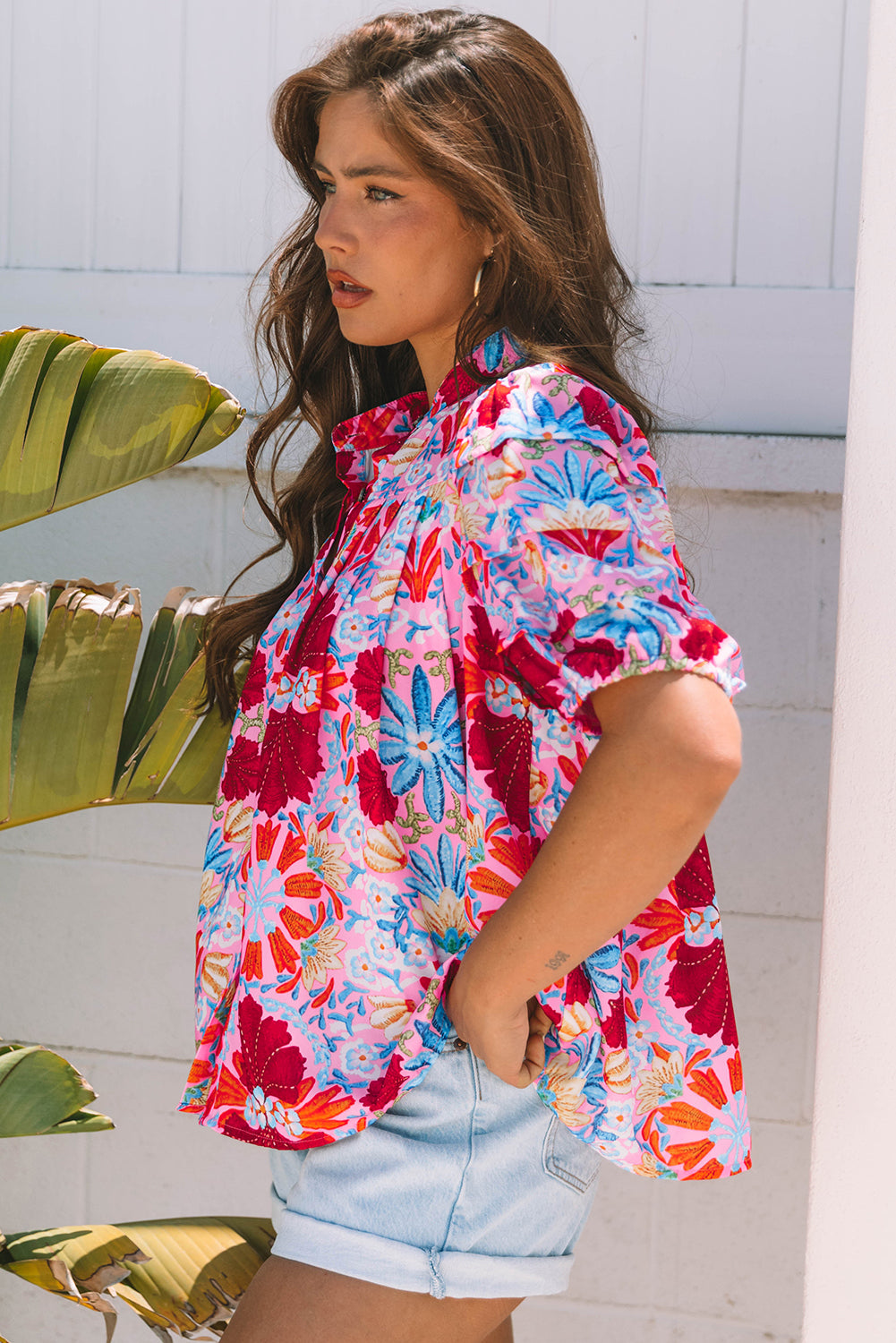Mikaela Floral Bubble Sleeve Button Up Pleated Shirt - Farnelli