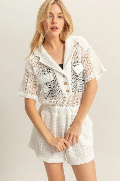 HYFVE Crochet Button Front Short Sleeve Romper - Farnelli
