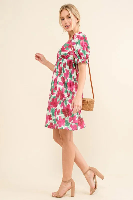 And The Why Smocked Floral Ruffle Short Sleeve Mini Dress - Farnelli