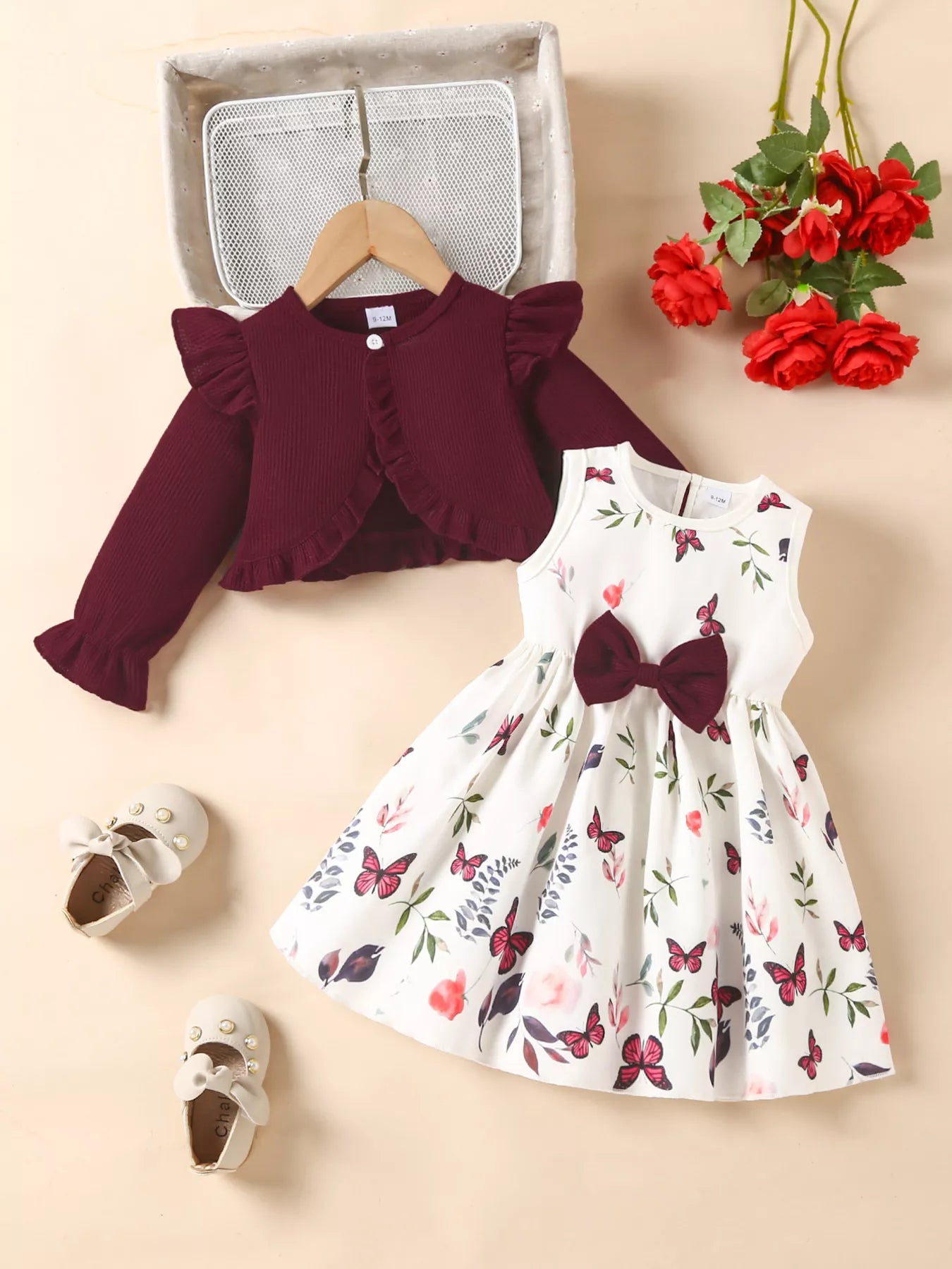 Children's Bow Dress & Ruffle Trim Cardigan Set - Farnelli