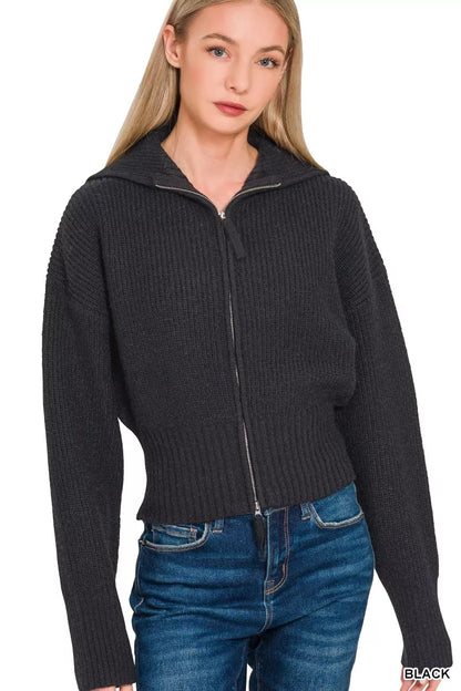Zenana Ribbed Collared Zip Up Sweater Cardigan - Farnelli