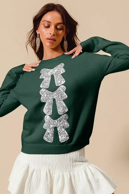 SO ME Sequins Bow Ribbon Embellished Christmas Sweater - Farnelli