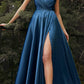 Cinderella Divine BD105 Flowy Satin A-Line Gown with Leg Slit