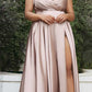 Cinderella Divine BD105 Flowy Satin A-Line Gown with Leg Slit