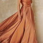 Cinderella Divine BD105 Flowy Satin A-Line Gown with Leg Slit