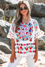 Selene Boho Floral Ruffle Trim Blouse - Farnelli