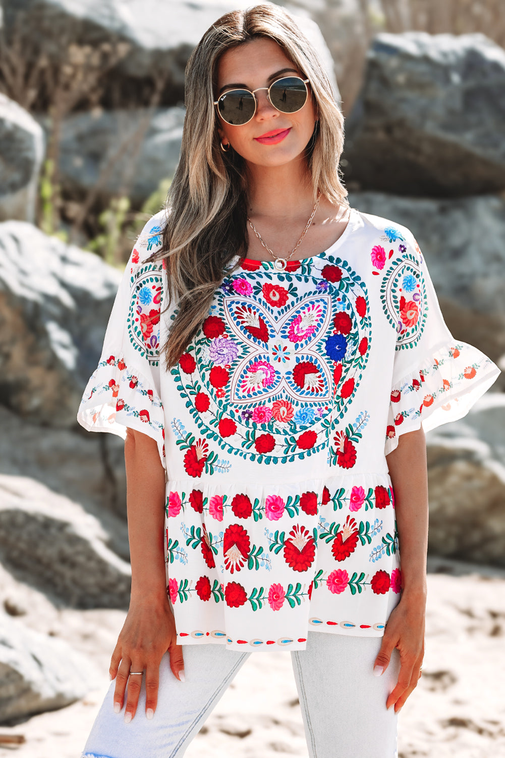 Selene Boho Floral Ruffle Trim Blouse - Farnelli