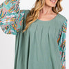 SAGE + FIG Ruched Round Neck Printed Bubble Sleeve Top - Sage